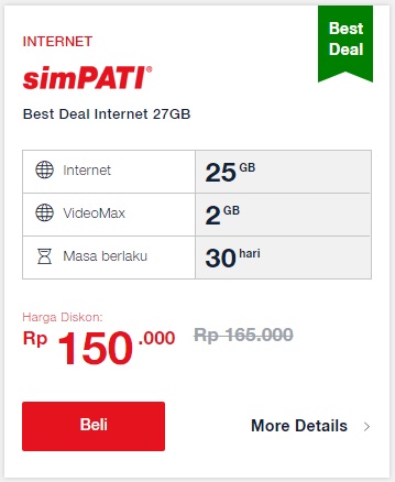 Paket Internet Telkomsel Data Kusus Simpati - 25GB + 2GB Video 30hr Paket Internet Telkomsel Data Kusus Simpati - 25GB + 2GB Video 30hr