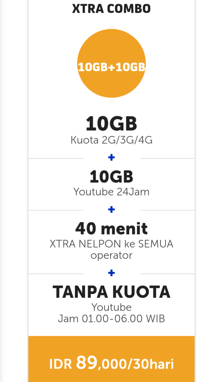Paket Internet XL Combo Xtra - 10GB + 10GB YouTube + 30mnt Tlp Paket Internet XL Combo Xtra - 10GB + 10GB YouTube + 30mnt Tlp