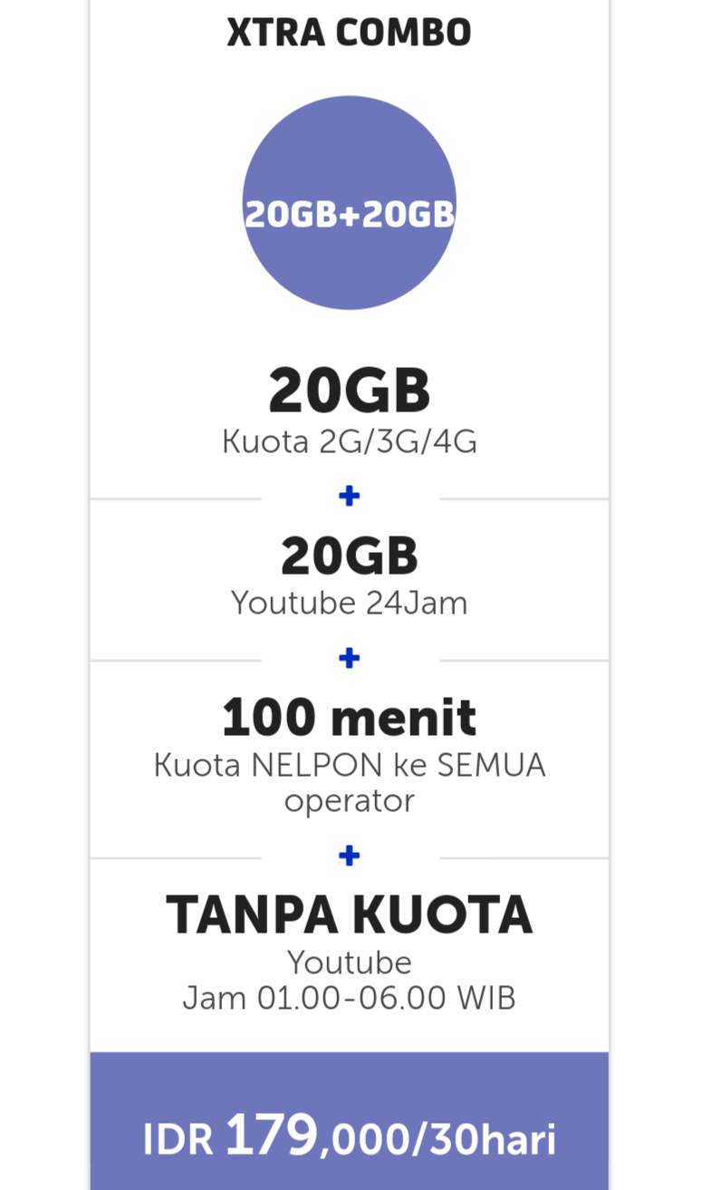 Paket Internet XL Combo Xtra - 20GB + 20GB YouTube + 60mnt Tlp Paket Internet XL Combo Xtra - 20GB + 20GB YouTube + 60mnt Tlp
