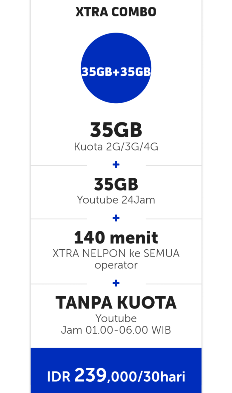 Paket Internet XL Combo Xtra - 35GB + 35GB YouTube + 90mnt Tlp Paket Internet XL Combo Xtra - 35GB + 35GB YouTube + 90mnt Tlp